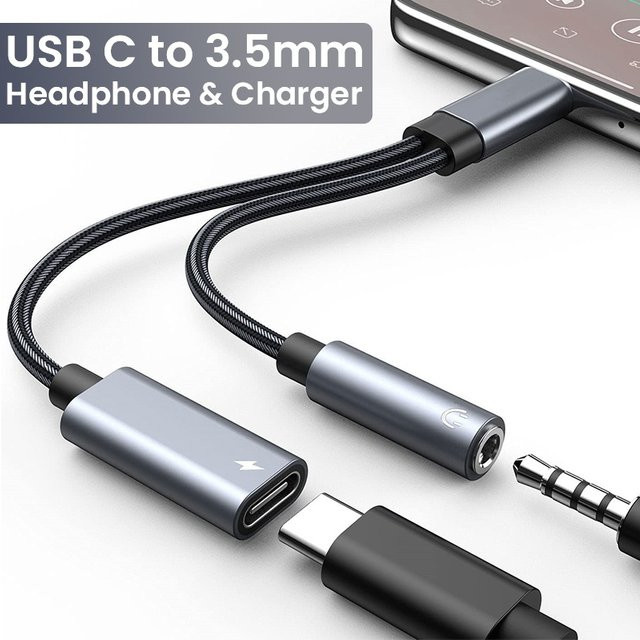 2-in-1 USB-C auf 3,5-mm-Klinke Audio-Adapter mit PD 60 W Schnellladefunktion in Grau für iPhone 15 Serie, Samsung, Huawei und Xiaomi - Bild 1