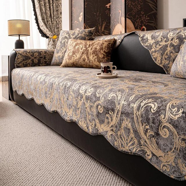 Jacquard Sofabezug aus holländischem Samt mit Wellenkante in Grau, Anti-Rutsch Sofamatte für alle vier Jahreszeiten, Breite: 70 cm, Breite: 70 cm - Bild 1