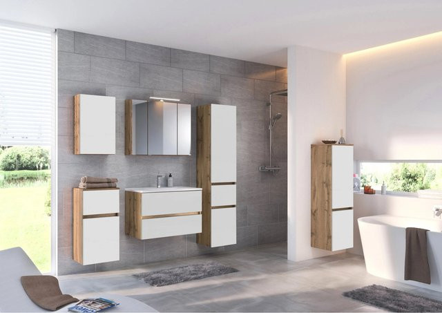 Held Möbel Waschtisch-Set Bari 2-tlg. mit Spiegelschrank und Mineralgussbecken, matt Weiß-Wotaneiche, Breite: 100 cm - Bild 1