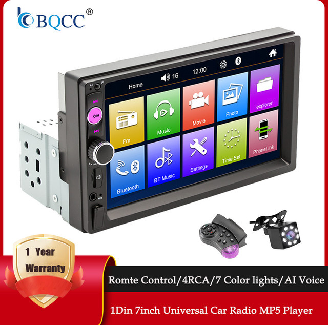 BQCC 1DIN Auto MP5 Player mit 7 Zoll Display, Bluetooth, Sprachsteuerung und 7-Farben Licht in Schwarz - Bild 1