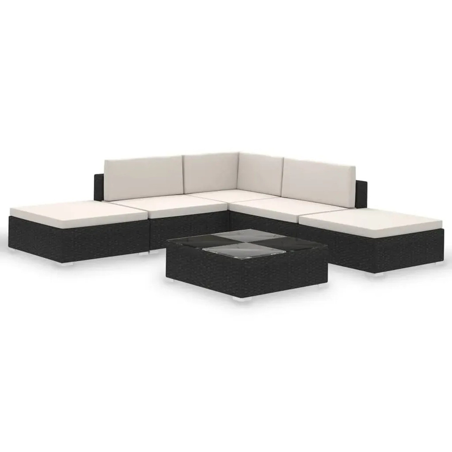 vidaXL 6-teiliges Garten-Lounge-Set aus Poly-Rattan in Schwarz mit cremeweißen Auflagen und L-Form - Bild 2
