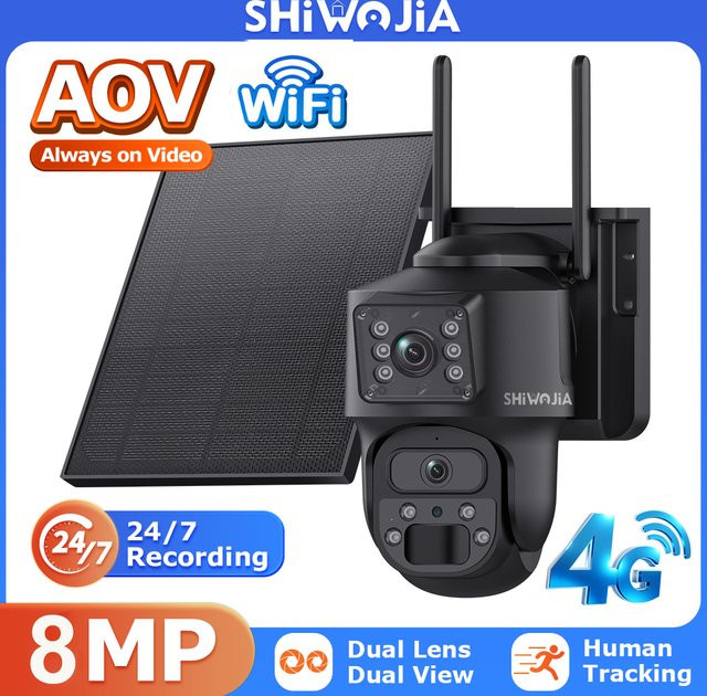 SHIWOJIA Solar Sicherheitskamera mit 8MP Dual Objektiv, 4G und WiFi, 10500mAh Akku, AOV Funktion und Nachtsicht in Schwarz - Bild 1