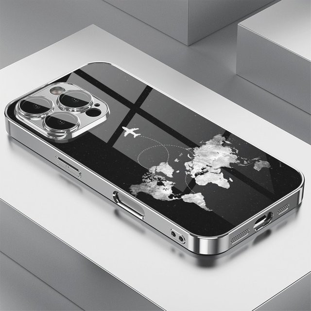 Handyhülle aus Glas mit minimalistischem Flugzeug-Route-Muster für iPhone 11 bis iPhone 17 Pro Max in Schwarz - Bild 1