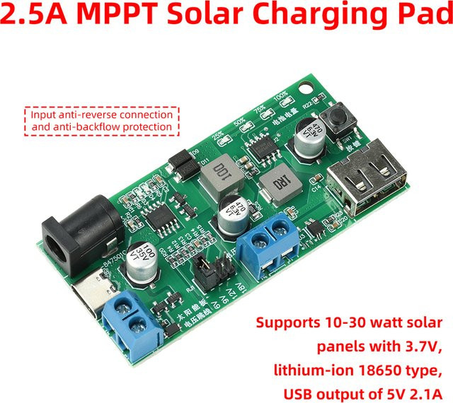 Aideepen MPPT-Solarladeregler 2,5 A mit USB-C und DC5,5x2,1mm Anschluss für 3,7 V Lithiumbatterien, Grün - Bild 1