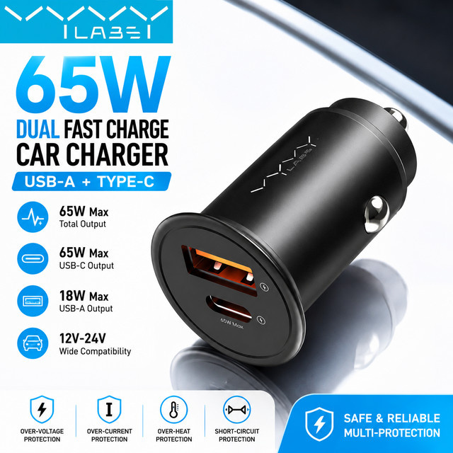 Vyvylabs 65W Mini Auto-Ladegerät aus Zinklegierung mit USB-A und USB-C Schnellladefunktion für DC12V-24V - Bild 1