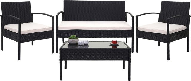 MCW Poly-Rattan Lounge-Set F56 4-teilig in Schwarz mit beigen Kissen - Bild 1
