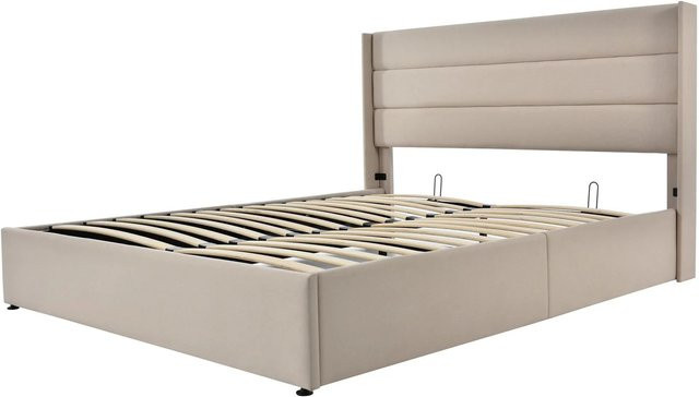 Merax Polsterbett mit Stauraum und Lift-up-Funktion in Beige, B/T/H: 140 x 200 x 114 cm - Bild 1