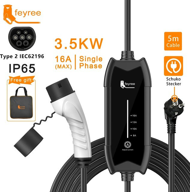 Feyree Typ2 EV-Ladegerät 3,5KW 16A 1-Phasen Tragbare Ladebox mit einstellbarem Strom und 5m Kabel in Schwarz - Bild 1