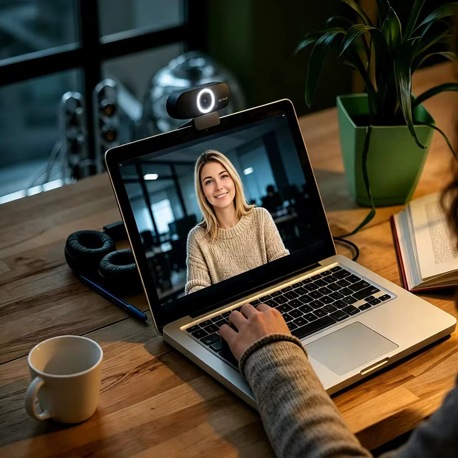 NUROUM V32AFL 4K UHD Webcam mit Mikrofon, Autofokus, Auto-Framing und Ringlicht in Schwarz für PC, Laptop und Desktop via USB - Bild 2