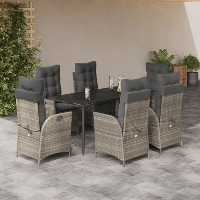 7-teilige moderne Garten-Essgruppe aus Poly-Rattan mit Kissen und Glastisch in Hellgrau von vidaxl - Bild 1