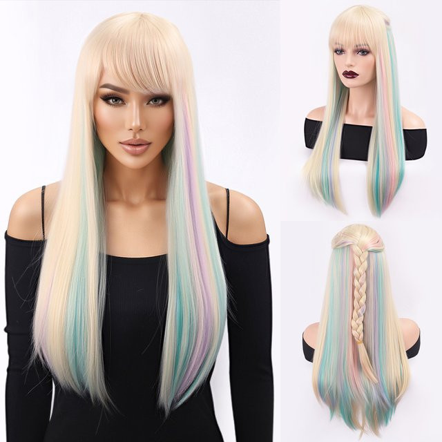 Zhushengda Perücke für Damen, lang, glatt, weiß-goldene Farbe mit Highlights, mit Pony - Bild 1