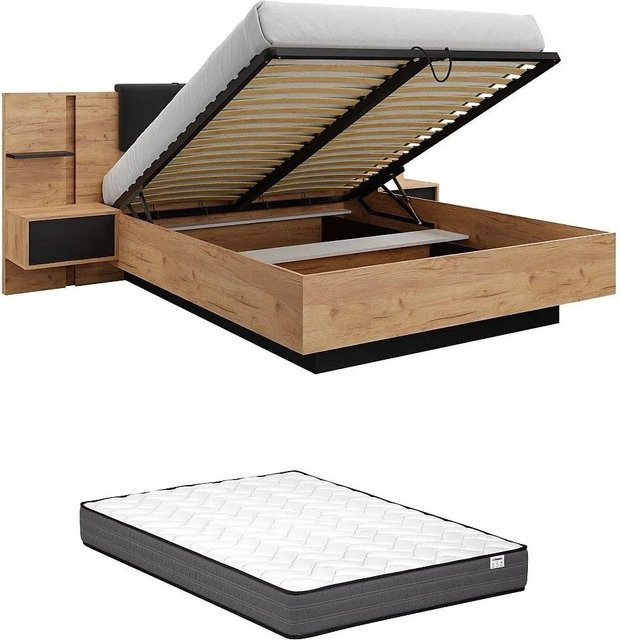 Vente-unique Bett Elynia mit Bettkasten in Anthrazitgrau und Naturfarben Hell, B/T/H: 160 x 200 x 256,4 cm - Bild 1