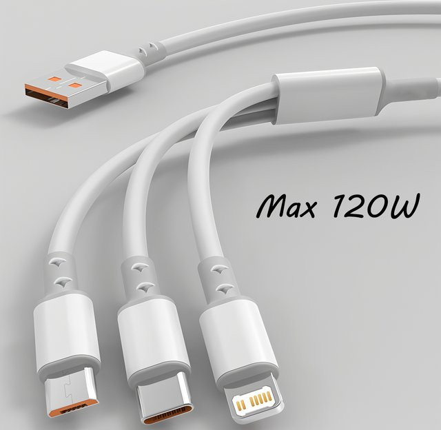 KADIXI 3-in-1 USB-C Schnellladekabel mit 120W und 3A, weißes Datenkabel für iPhone 17, 15, 14, Xiaomi und Huawei - Bild 1