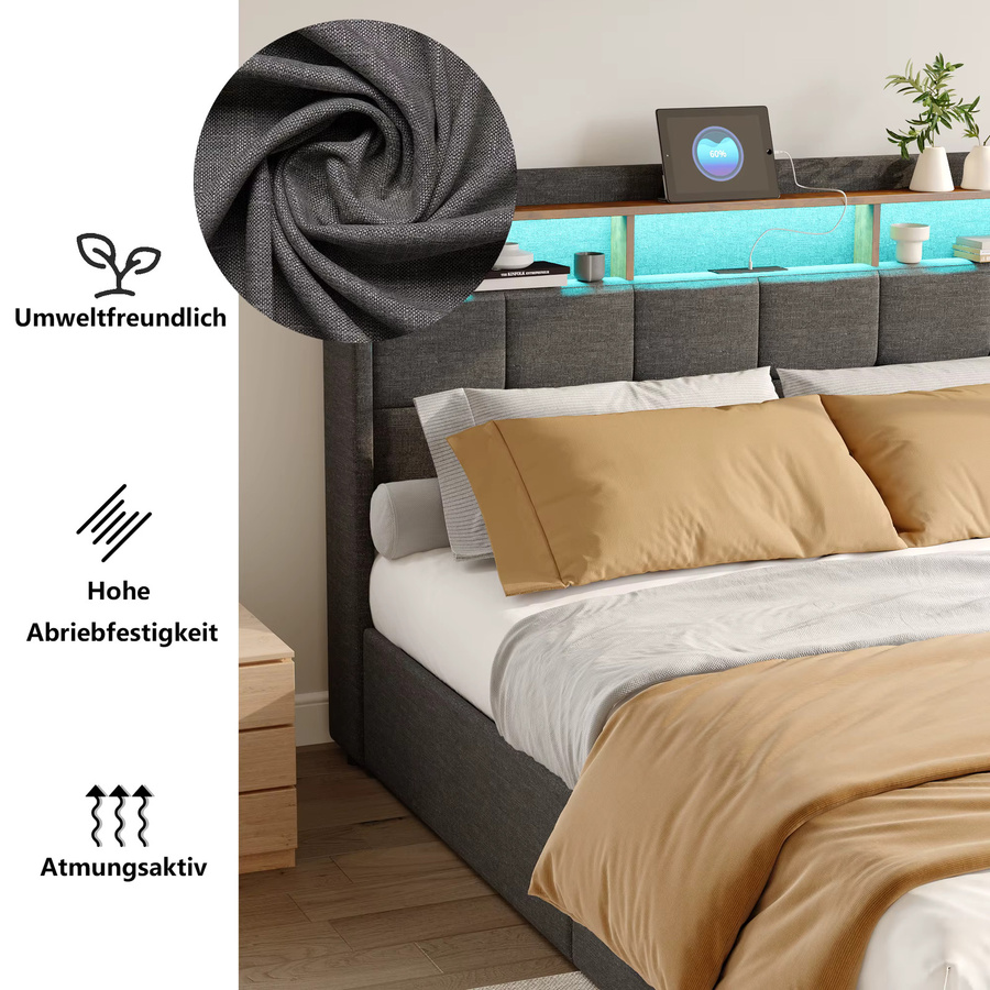 Multifunktionales Doppelbettgestell HYNHXBP aus Leinen in Grau mit LED-Beleuchtung, USB-Ladestation und Aufbewahrungsschubladen, B/T/H: 160 x 200 cm - Bild 4
