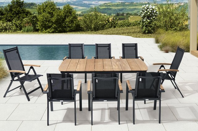 OUTFLEXX Garten-Essgruppe aus Aluminium, Teakholz und Textil in Anthrazit Matt mit Tisch und 8 Sitzgelegenheiten (6 Sessel und 2 Klappstühle), B/T: 184 x 100 cm - Bild 1