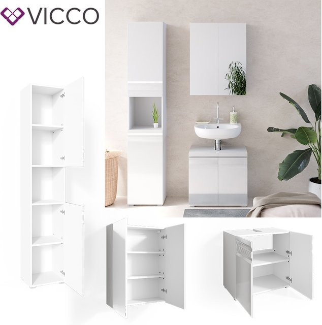 Vicco Badmöbelset Freddy in Weiß Hochglanz bestehend aus Spiegelschrank, Hochschrank und Waschtischunterschrank - Bild 1