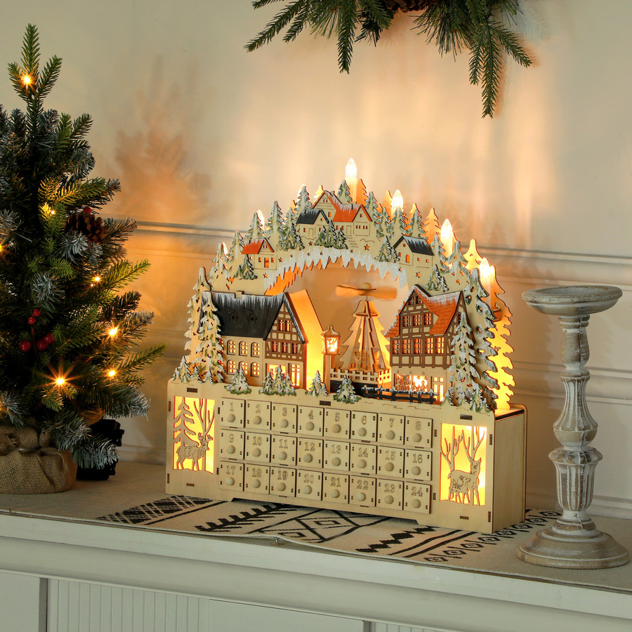 HOMCOM Adventskalender aus Naturholz mit 24 Schubladen und LED-Lichtern, braun, B: 45 cm, T: 9 cm, H: 42,5 cm - Bild 2