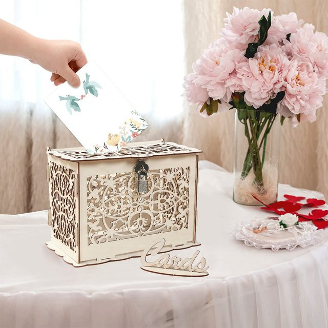 Huiran Holzene Hochzeitskartenbox mit Schloss und Blumenmuster in Braun - Bild 1