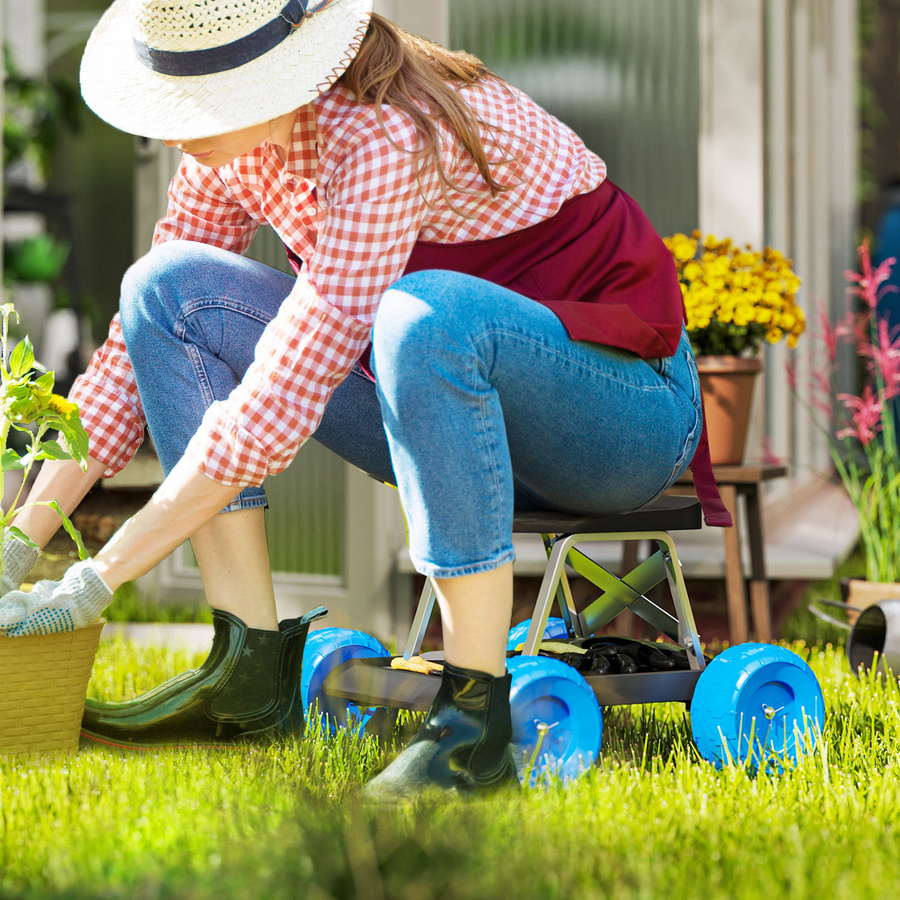 Outsunny Gartenhocker auf Rollen mit Tablett und Sitz in Blau, H x B x T: 50 x 49 x 32 cm - Bild 2