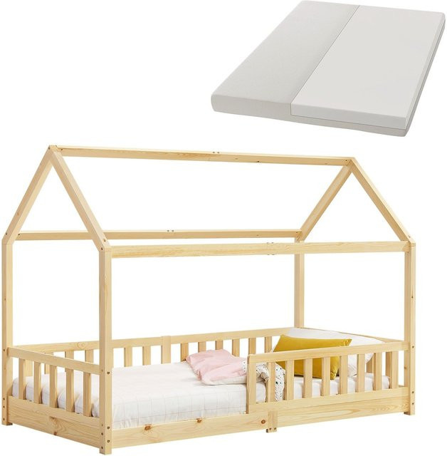 Juskys Kinderbett Marli Hausbett aus Massivholz mit Matratze, Gitter und Lattenrost in Natur Braun, B/T/H: 90 x 200 cm - Bild 1