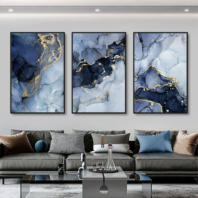 Potdemiel 3er Set Moderne Wandkunst Poster Abstrakte Marmor Leinwandbilder in Gold und Blau zur Wohnzimmer Dekoration - Bild 1