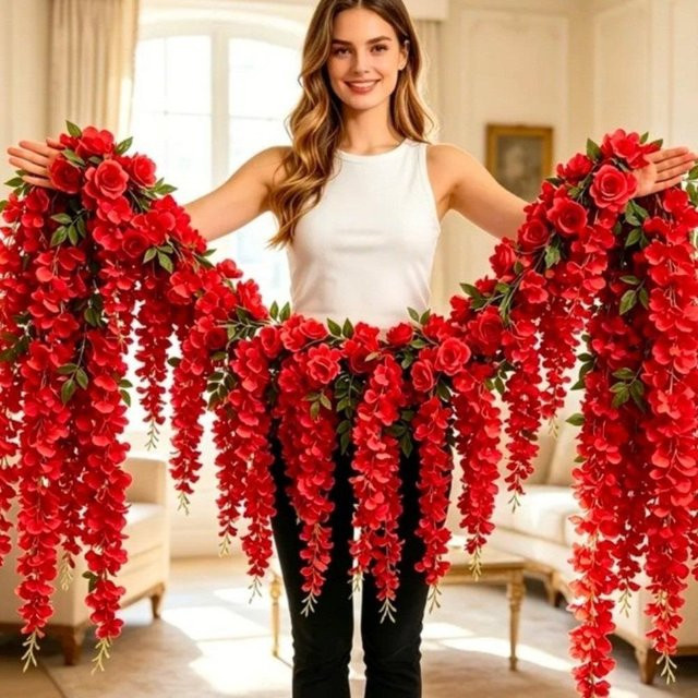 Künstliche Blauregen Blumengirlande in Rot und Weiß, 250 cm hängende Ranke für Hochzeit und Dekoration - Bild 1