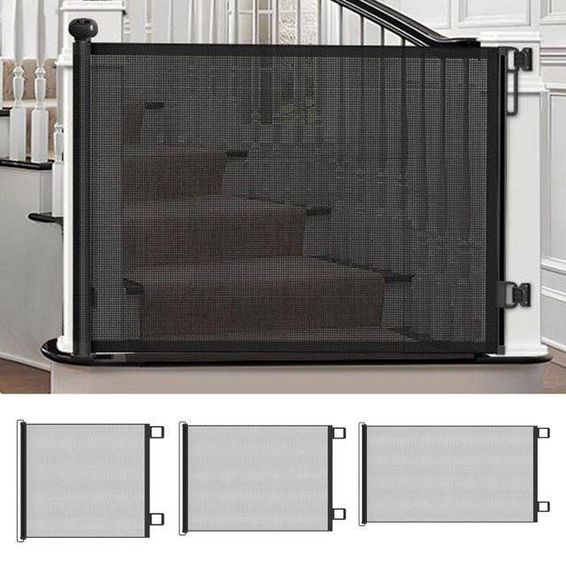 Einziehbares Mesh-Babytor in Schwarz ohne Bohren als kindersicheres Treppenschutzgitter und Trennnetz für Hunde und Katzen, Breite: 80 cm - Bild 1