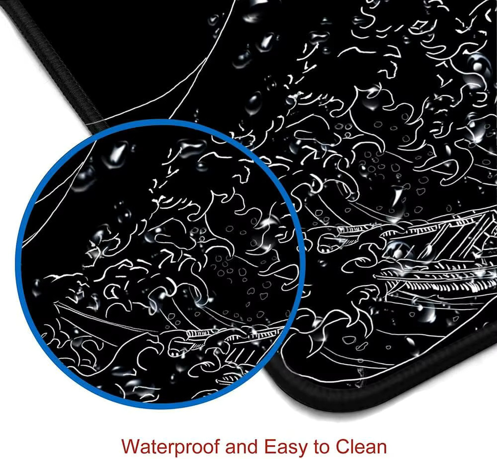 Großes Mauspad The Great Wave Off Kanagawa in Schwarz, rutschfeste Schreibtischunterlage mit Gummibasis und genähten Kanten für dein Tastatur-Maus-Setup - Bild 4