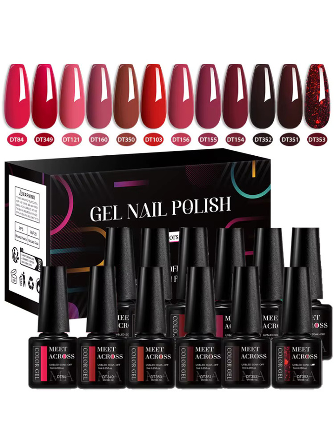 MEET ACROSS Crystal Red Gel Nail Polish Set, 12-teilig, HEMA FREE, glänzend - Bild 5
