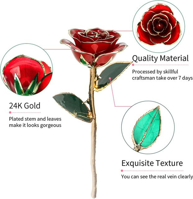 In 24 Karat Gold getauchte rote Rose mit langem Stiel in Geschenkbox mit transparentem Ständer - Bild 1