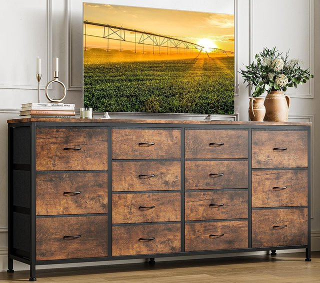 HiMISS Moderne TV-Kommode mit 14 Schubladen und Steckdosen, Platzsparende Stoffkommode mit Metallgestell für Wohnzimmer, Schlafzimmer oder Kinderzimmer, B/T/H: 160 x 35 x 75 cm - Bild 1