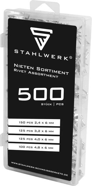 STAHLWERK Blindnieten Set aus Aluminium, 500-teiliges Nieten Sortiment in Schwarz und Silber, B/T/H: 24,0 x 22,0 x 12,0 cm - Bild 1