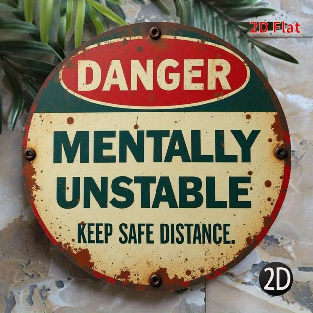 Rundes Metallwarnschild von Potdemiel im Vintage-Stil mit der Aufschrift Gefahr mental instabil in Grün und Gelb mit Blattakzenten, Durchmesser: 20 cm - Bild 1