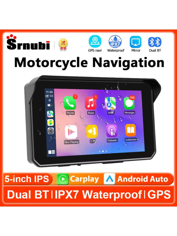 srnubi Tragbares 5-Zoll Motorrad-Navigationsgerät mit GPS, kabellosem CarPlay und Android Auto, Bluetooth, Moto-Monitor, TPMS-Unterstützung und IPX7 wasserdichtem Display in Schwarz - Bild 7