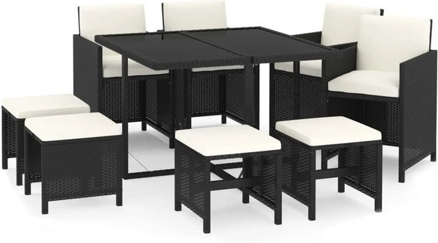 vidaXL 9-tlg Garten-Essgruppe aus Poly Rattan in Schwarz mit Kissen und Hartglas-Tischplatte - Bild 1
