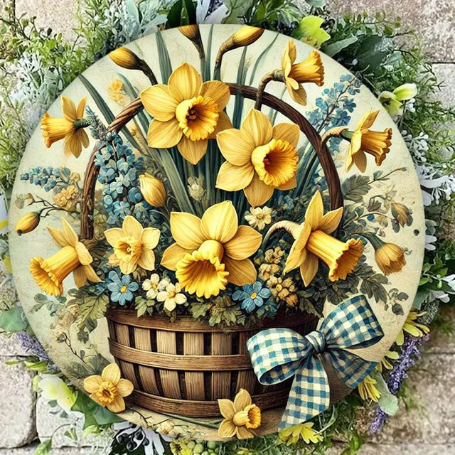 Potdemiel Frühlingskranz mit Narzissen und Glockenblumen aus Metall, runde Wanddekoration in Gelb, Durchmesser: 20,3 cm - Bild 1