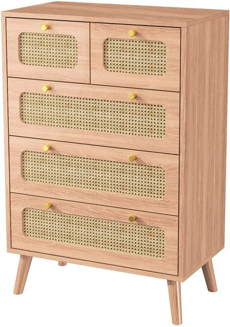 PXloue Modernes Sideboard aus Rattan mit 5 Schubladen in Naturholzfarbe und Beige, B/T/H: 60 x 34 x 91 cm - Bild 1