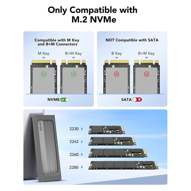 Lexar M.2 NVMe SSD-Gehäuse USB 3.2 Gen 2 Typ-C mit 10 Gbit/s, externes Festplattengehäuse für NVMe SSDs bis zu 4 TB, Grau - Bild 4