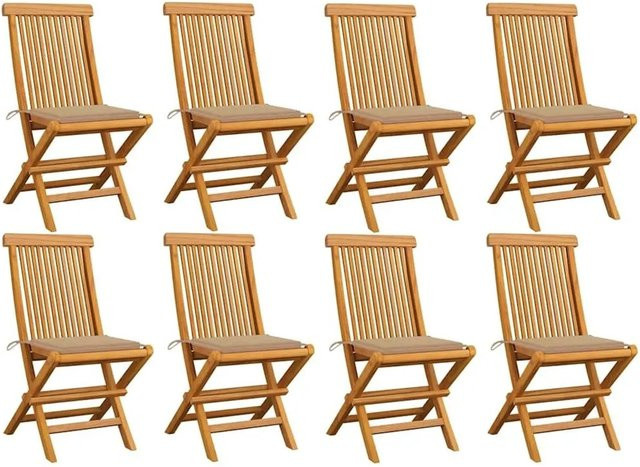 vidaXL Gartenstuhl-Set aus Teak-Massivholz mit beigen Polsterkissen, 8 Stück - Bild 1