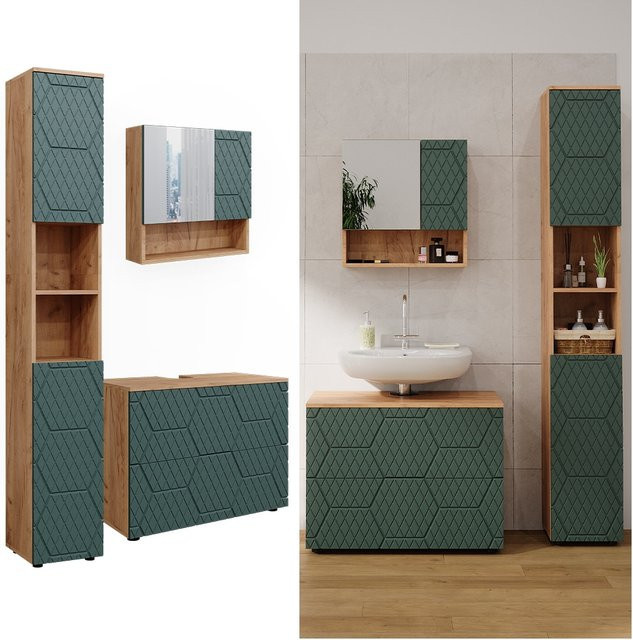 Vicco Badmöbel-Set Irma Eiche Grün/Gold 3-teilig mit Hochschrank und Waschbeckenschrank - Bild 1