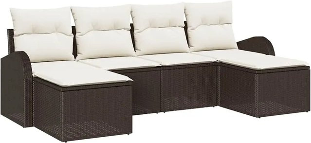 vidaXL Garten-Sofa-Set aus Poly-Rattan mit Kissen, 6-teilig, Braun und Weiß - Bild 1