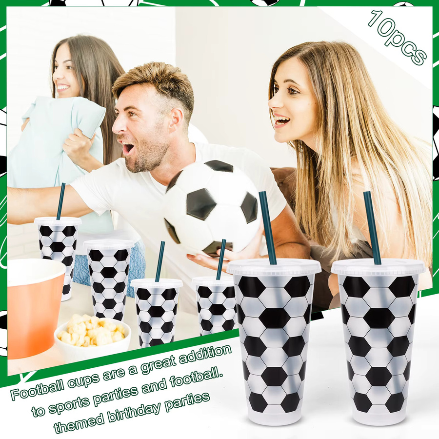 10 Stück Fußball Trinkbecher aus Kunststoff mit Deckel und Strohhalm, wiederverwendbare Tumbler für Sportfans, Mehrfarbig - Bild 4