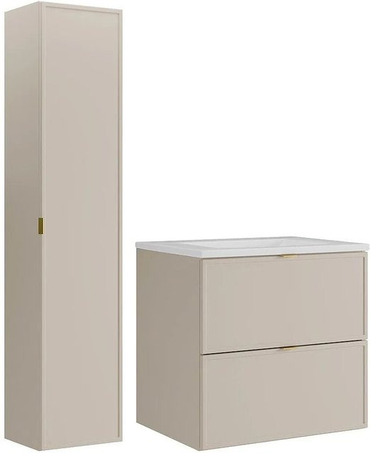 Vente-unique Badmöbel-Set Ondil in Beige mit Waschbeckenunterschrank, Einbauwaschbecken und Hochschrank sowie vergoldetem Metall, Breite: 60 cm, Tiefe: 45 cm, Höhe: 60 cm - Bild 1