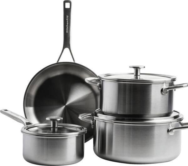KitchenAid 4-teiliges Edelstahl Kochgeschirrset in Silber mit Pfanne, Stieltopf und Deckeln - Bild 1