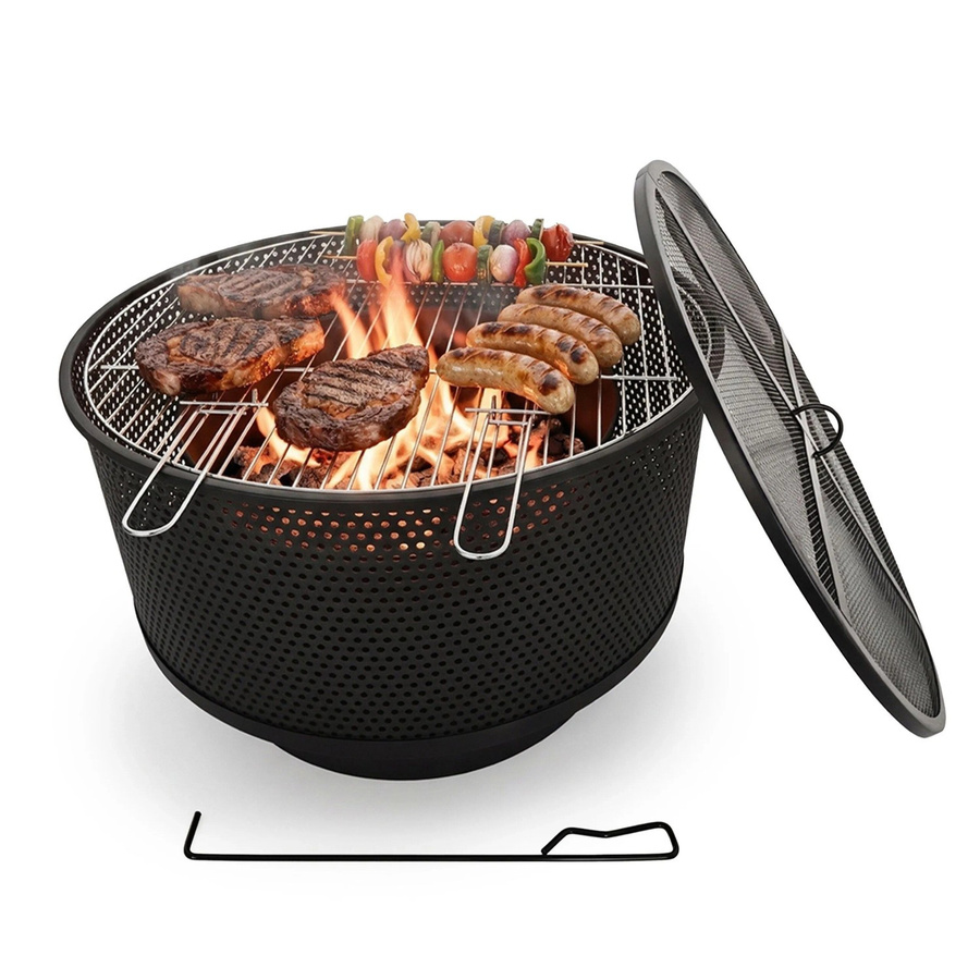 Relaxdays Feuerschale aus Stahl in Schwarz mit Grillrost, Funkenfang und Hitzeschild, Durchmesser: 61 cm, Höhe: 38 cm - Bild 2