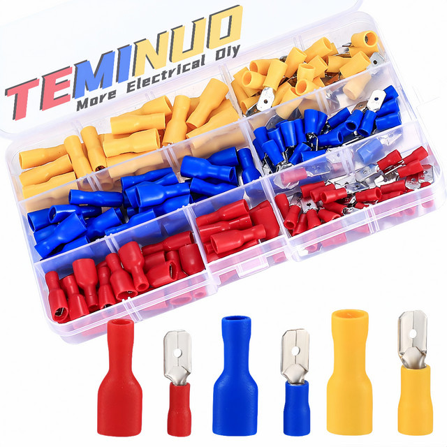 TEMINUO Crimp-Terminals Set mit 160/80/60 Stück vollisolierten Flachsteckern und männlichen Steckern, 1/4 Zoll, 6,3 x 0,8 mm, 22–16, 16–14, 10–12 AWG - Bild 1