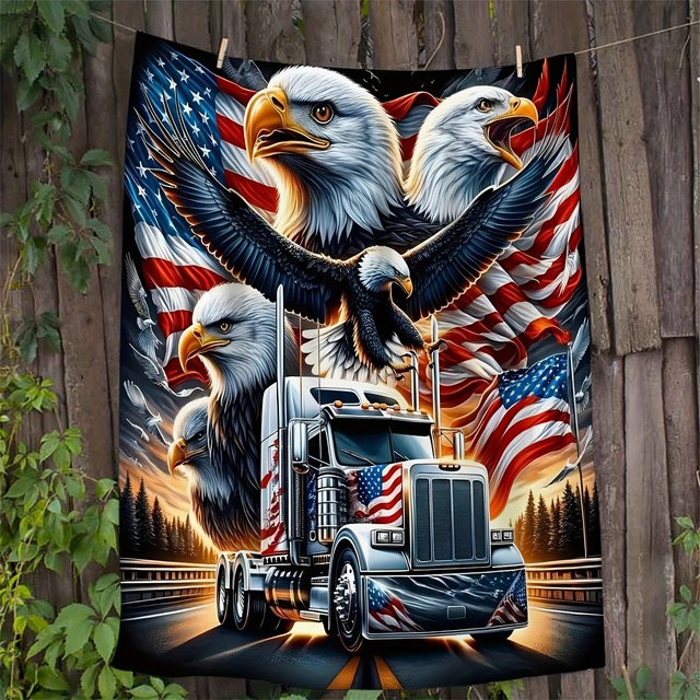 VIKAMA Retro-Flanell-Decke mit USA-Motiv, LKW und Weißkopfseeadler, Mehrfarbig - Bild 1