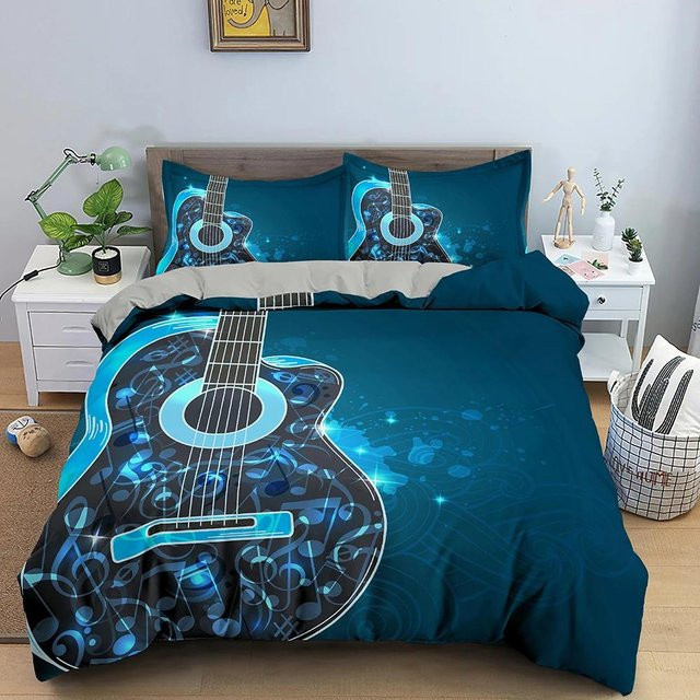 JMG Household Supplies Bettwäsche Set mit Gitarren- und Musiknoten-Design für Kinder, Blau, B/H: 135 x 200 cm - Bild 1