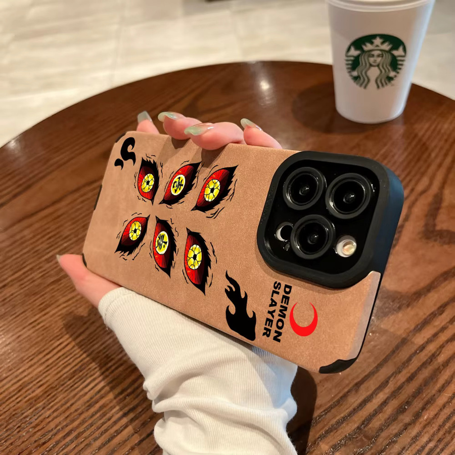 Luxus Kokushibo Dämon Auge Handyhülle aus Wildleder und Silikon für iPhone Modelle in Braun - Bild 2