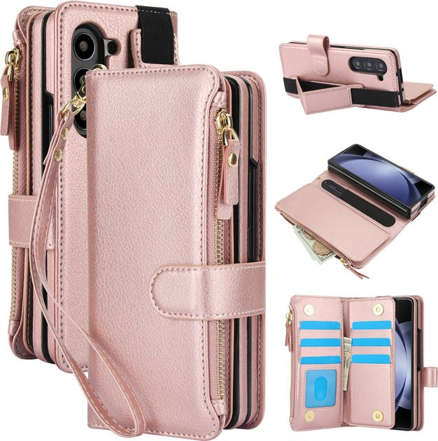 Samsung Umhängetasche aus Lanyard-Leder für Galaxy Z Fold 3, 4, 5, 6, 7 in Braun mit Armband, Kartenhalter und Brieftasche - Bild 1